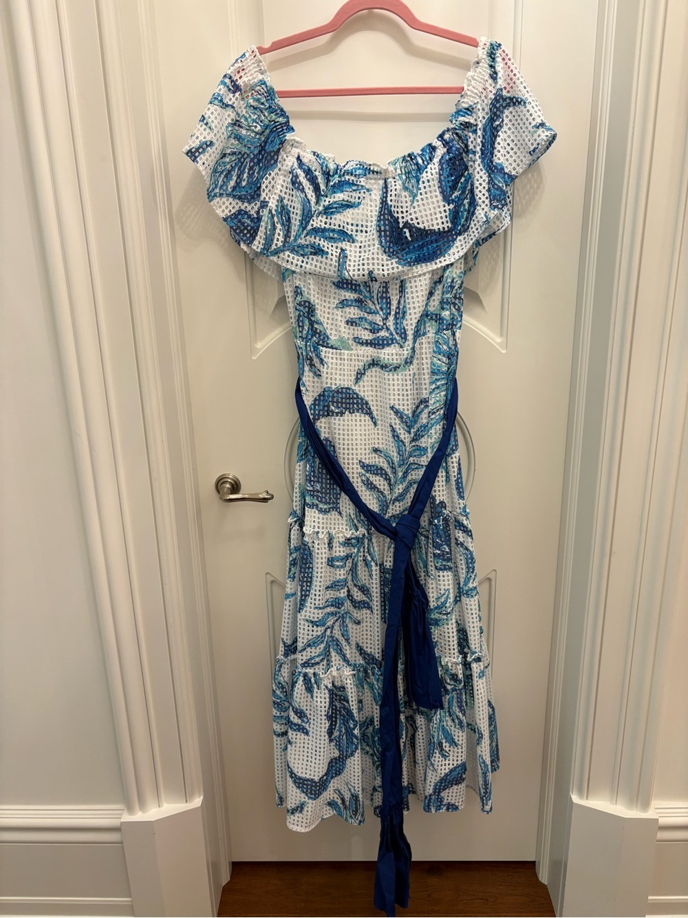 Lilly Pulitzer Blue and White Off-Shoulder Midi Dress